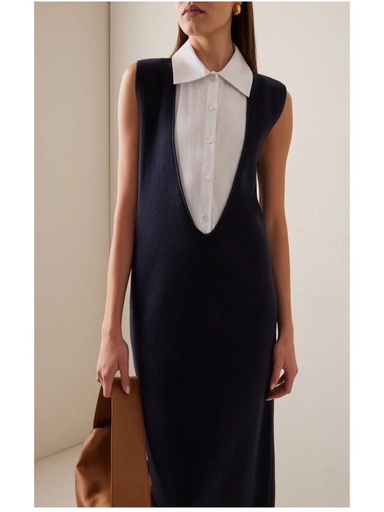 STAUD Dresses & Skirts - STAUD Navy and White Maxi Dress with Deep V Panel